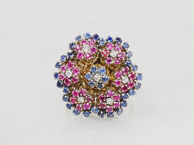 Vintage 18k Gold Natural Sapphire Ruby and Diamond Cluster Ring Large Floral Cocktail Ring - Size 6.25