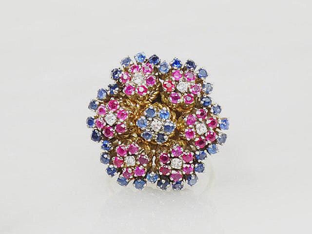 Vintage 18k Gold Floral Cocktail Ring: Sapphire, Ruby & Diamond Cluster (Size 6.25)