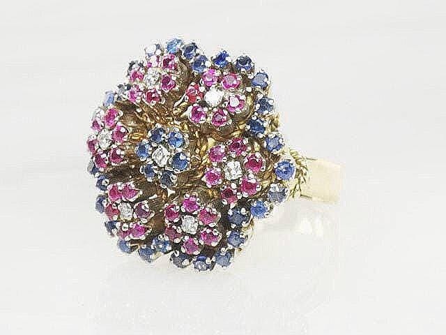 Vintage 18k Gold Floral Cocktail Ring: Sapphire, Ruby & Diamond Cluster (Size 6.25)