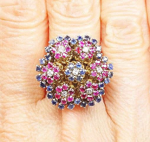 Vintage 18k Gold Floral Cocktail Ring: Sapphire, Ruby & Diamond Cluster (Size 6.25)