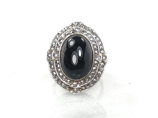 Vintage Art Deco Sterling Silver Marcasite Ring: Black Onyx, Size 3.75