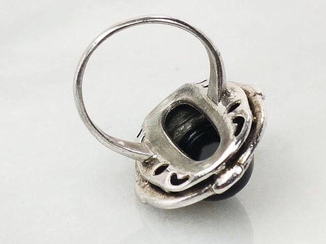 Vintage Art Deco Sterling Silver Marcasite Ring: Black Onyx, Size 3.75