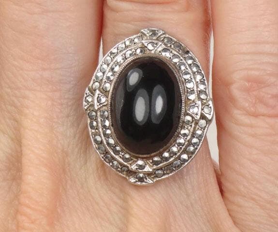 Vintage Art Deco Sterling Silver Marcasite Ring: Black Onyx, Size 3.75
