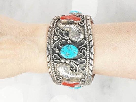 Vintage Large Navajo Sterling Silver Turquoise and Coral Bracelet Signed GB Silver Blue Turquoise Cuff Heavy Silver Bracelet 102 grams