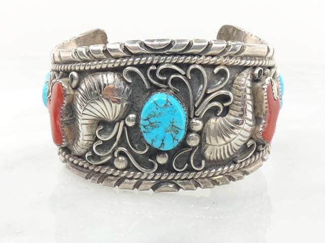 Vintage Large Navajo Sterling Silver Turquoise and Coral Bracelet Signed GB Silver Blue Turquoise Cuff Heavy Silver Bracelet 102 grams