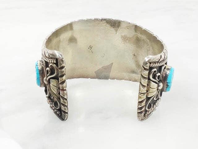 Vintage Large Navajo Sterling Silver Turquoise and Coral Bracelet Signed GB Silver Blue Turquoise Cuff Heavy Silver Bracelet 102 grams