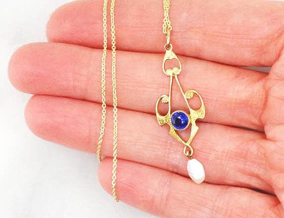 Antique 10k Yellow Gold Blue Glass and Pearl Pendant on 14k Chain, Art Nouveau Lavalier Necklace, Bridal Jewelry 16"
