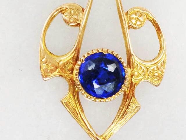 Antique 10k Yellow Gold Blue Glass and Pearl Pendant on 14k Chain, Art Nouveau Lavalier Necklace, Bridal Jewelry 16"