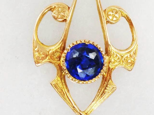 Antique Art Nouveau 10k Gold Lavalier Necklace: Blue Glass & Pearl, 16" 14k Chain