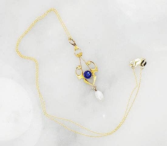 Antique Art Nouveau 10k Gold Lavalier Necklace: Blue Glass & Pearl, 16" 14k Chain