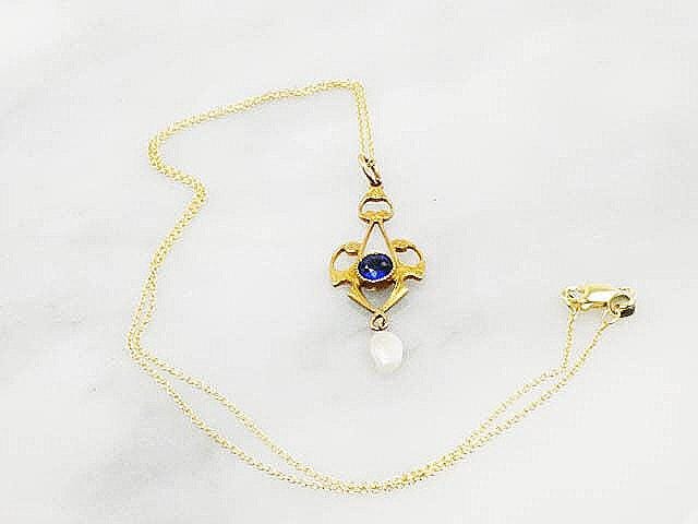 Antique 10k Yellow Gold Blue Glass and Pearl Pendant on 14k Chain, Art Nouveau Lavalier Necklace, Bridal Jewelry 16"