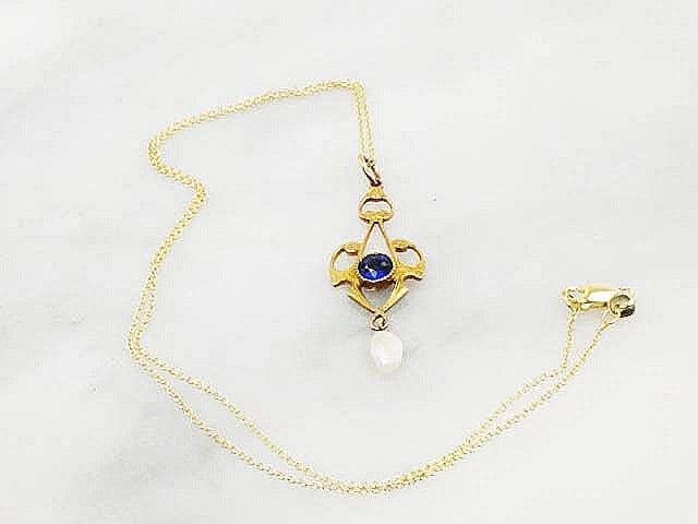 Antique Art Nouveau 10k Gold Lavalier Necklace: Blue Glass & Pearl, 16" 14k Chain