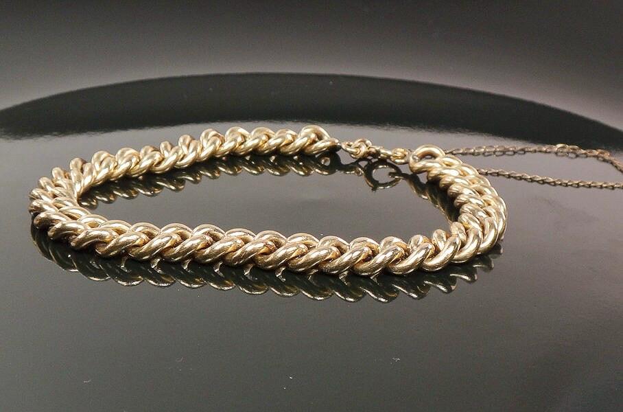 Vintage Rolled Gold Plate Link Bracelet with Safety Chain - Circa 1930's - 7 3/8"