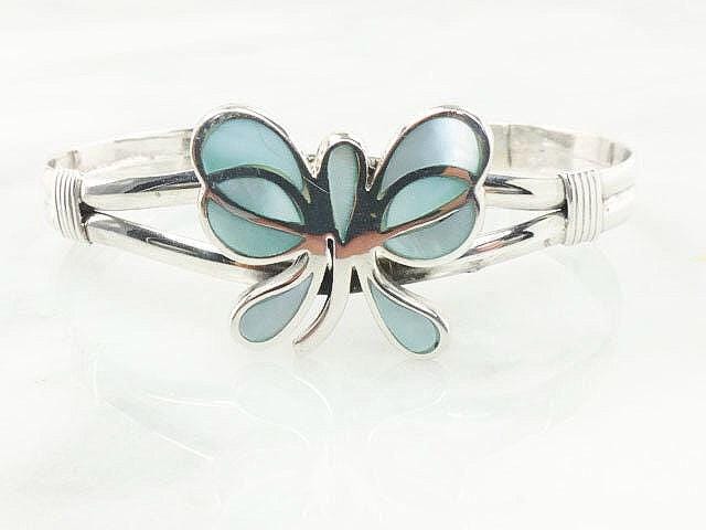 Vintage Sterling Silver Butterfly Cuff Bracelet: Blue Mother of Pearl Inlay