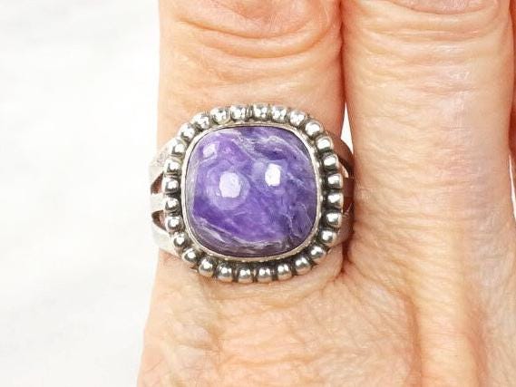 Vintage Sterling Silver Charoite Purple Stone Ring Signed Ruth Ann Begay Navajo Artisan Ring Size 8.25