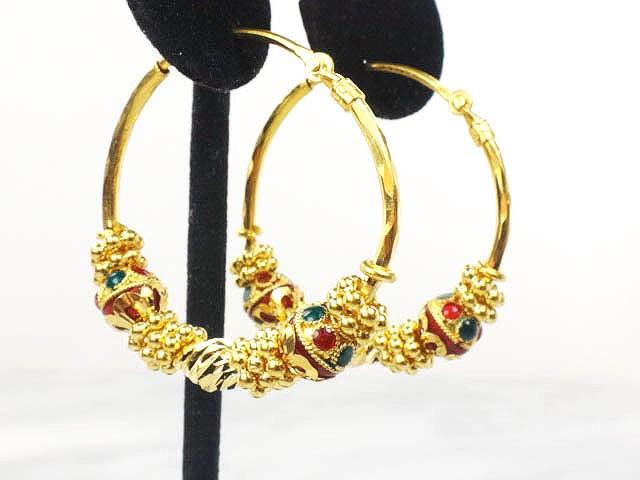 Vintage 22k Yellow Gold Hoop Earrings Fancy Earrings with Red and Green Enamel - 1 3/8"