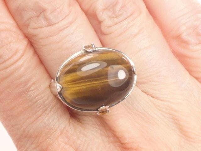Vintage Large Sterling Silver Tiger Eye Ring, Oval Golden Brown Stone and Citrine Ring Size 10