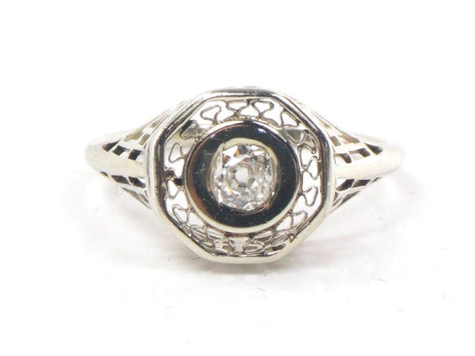 Vintage 14k White Gold Old Mine Cut Diamond Ring Art Deco Filigree Natural Diamond Engagement Ring Circa 1925
