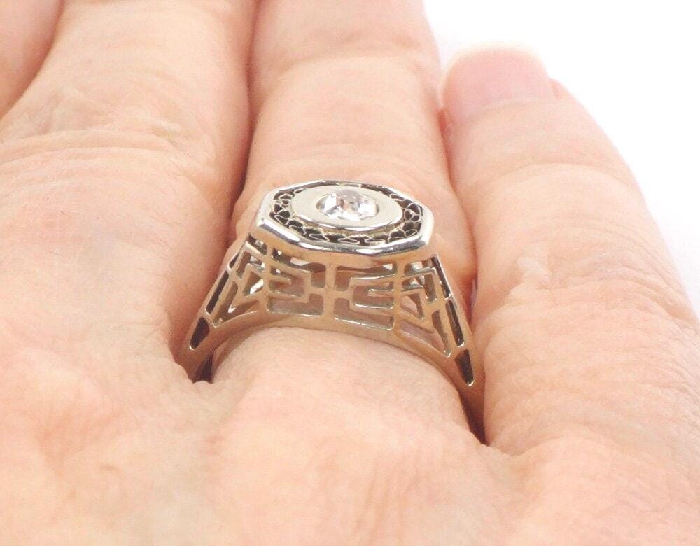 Vintage 14k White Gold Old Mine Cut Diamond Ring Art Deco Filigree Natural Diamond Engagement Ring Circa 1925