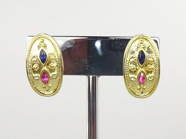 Vintage 22k Gold Etruscan Style Ruby Sapphire Stud Earrings