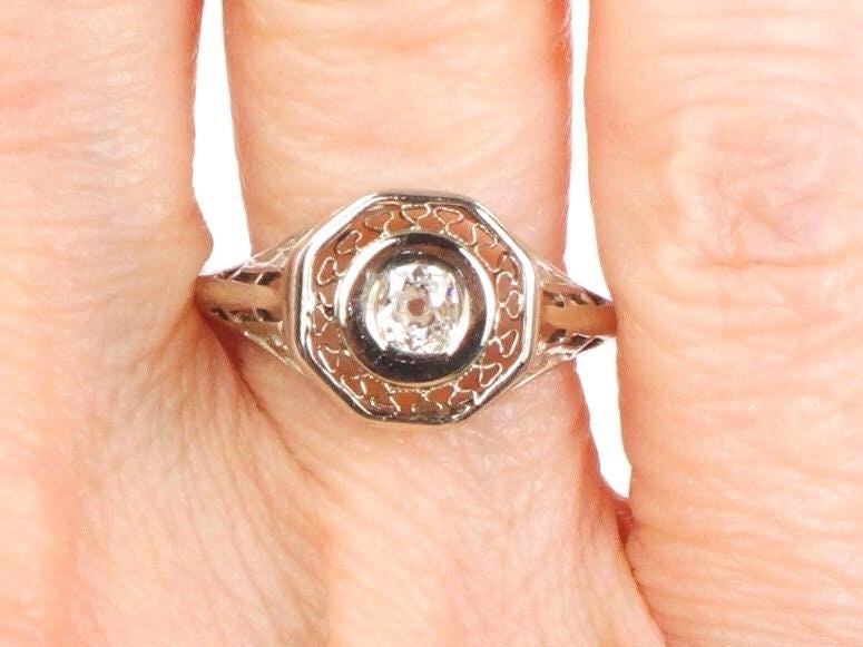 Vintage 14k White Gold Old Mine Cut Diamond Ring Art Deco Filigree Natural Diamond Engagement Ring Circa 1925