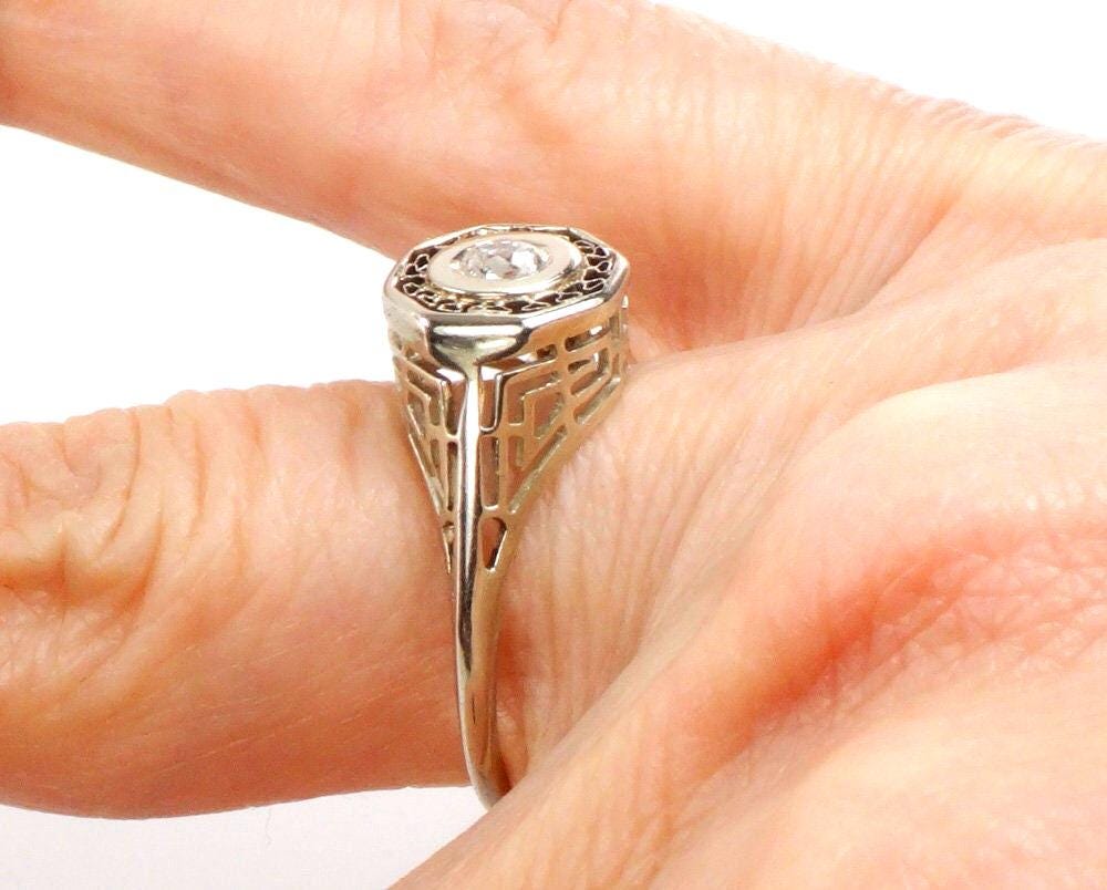 Vintage 14k White Gold Old Mine Cut Diamond Ring Art Deco Filigree Natural Diamond Engagement Ring Circa 1925