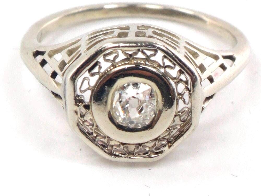 Vintage 14k White Gold Old Mine Cut Diamond Ring Art Deco Filigree Natural Diamond Engagement Ring Circa 1925