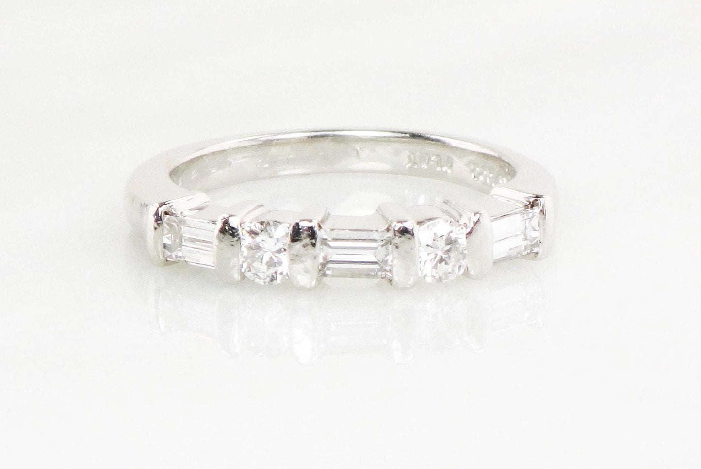 Vintage Platinum Diamond Wedding Band: Baguette & Round Cut, Size 6.5