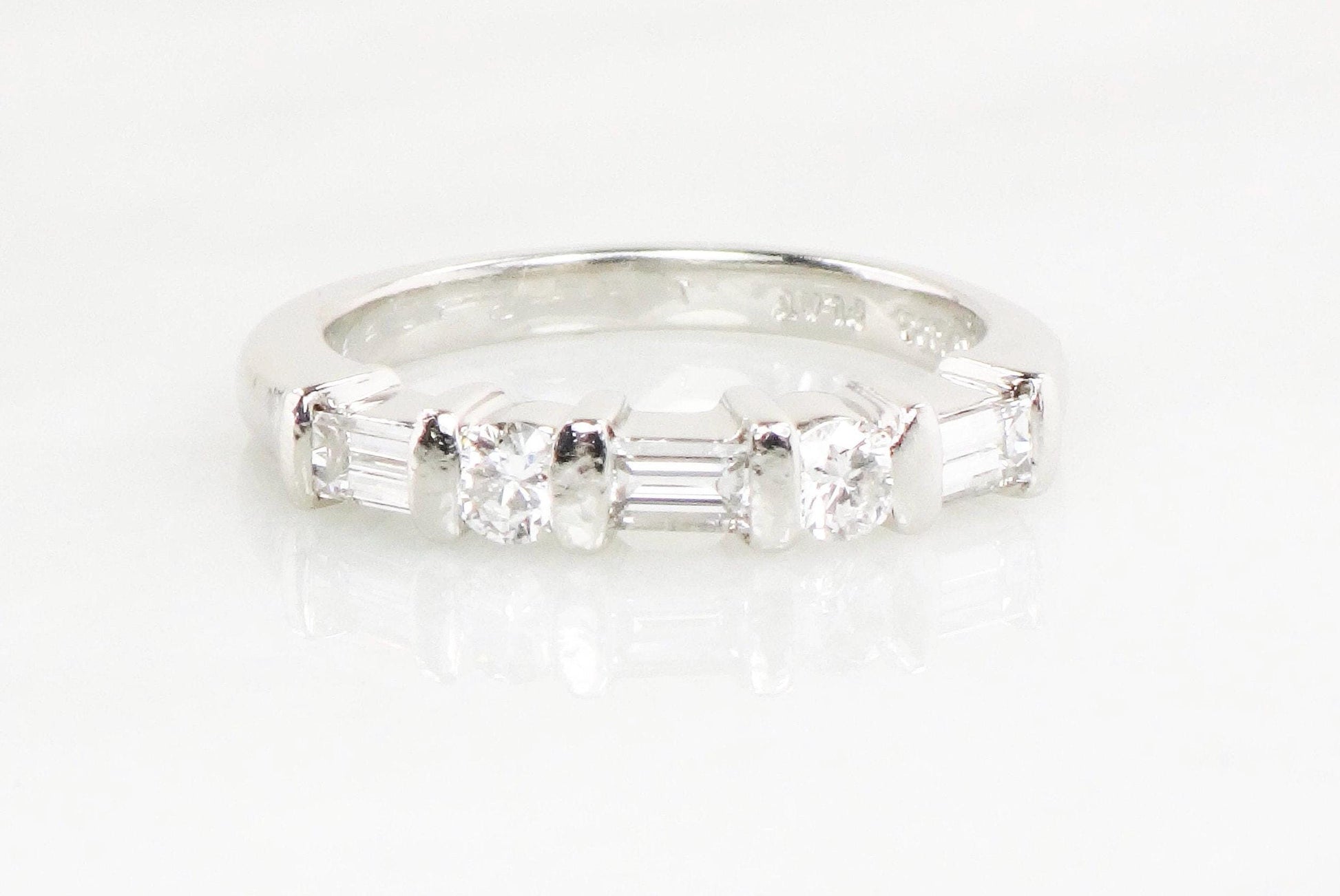 Vintage Platinum Diamond Wedding Band: Baguette & Round Cut, Size 6.5