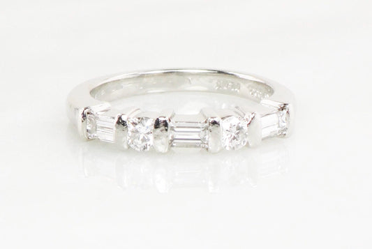 Vintage Platinum Diamond Wedding Band: Baguette & Round Cut, Size 6.5