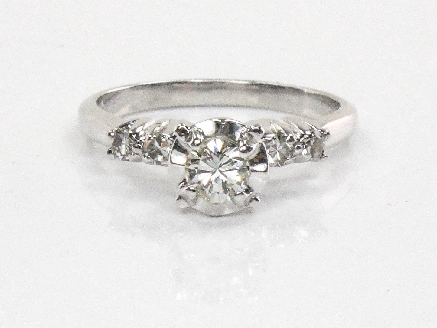 14k White Gold Natural Diamond Engagement Ring Vintage Round Brilliant Cut .25 Carat Center