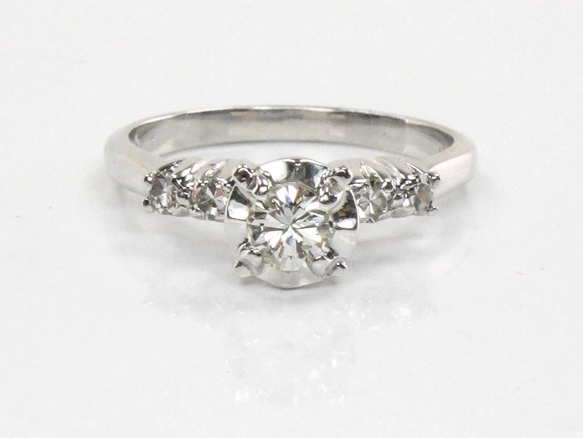 14k White Gold Natural Diamond Engagement Ring Vintage Round Brilliant Cut .25 Carat Center