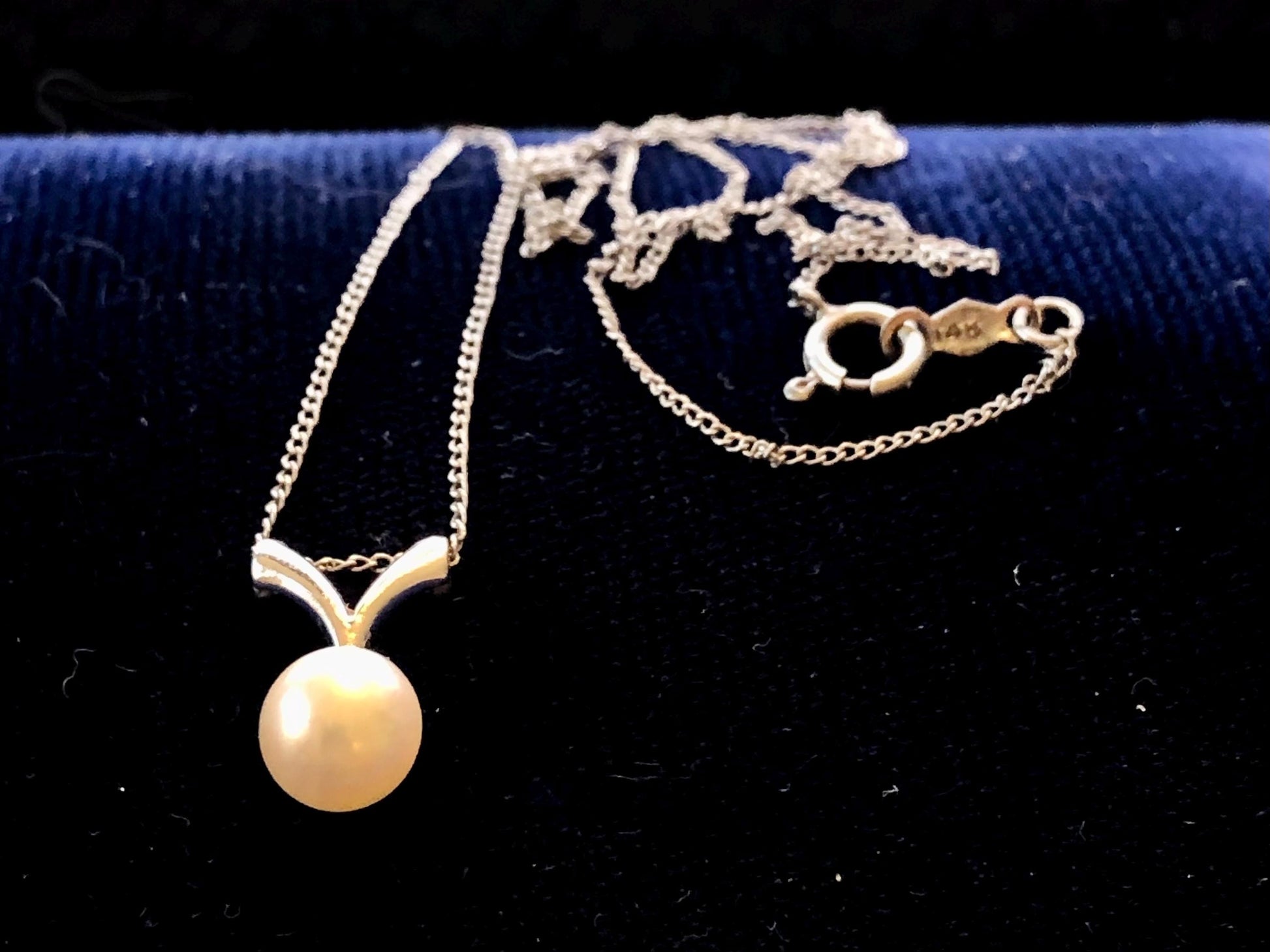 Vintage 14k White Gold Pearl Pendant Necklace: 1960s Bridal Choker, 15.25"