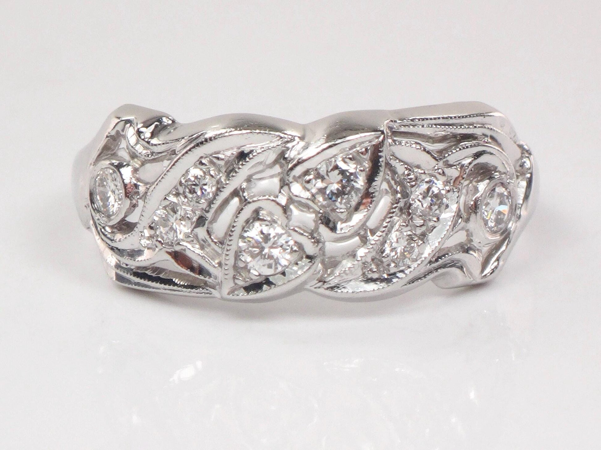 Vintage Platinum Natural Diamond Ring Retro Wide Wedding Band with Heart Design Size 10.5