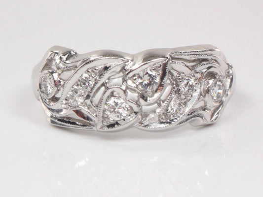 Vintage Platinum Natural Diamond Ring Retro Wide Wedding Band with Heart Design Size 10.5