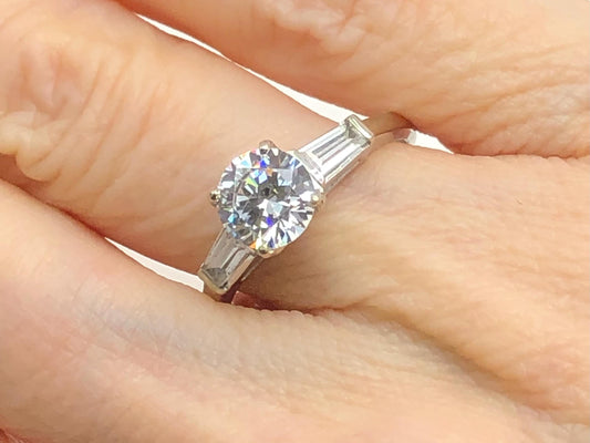 Vintage 14k White Gold Engagement Ring: Round CZ & Sapphire Baguettes, Size 7