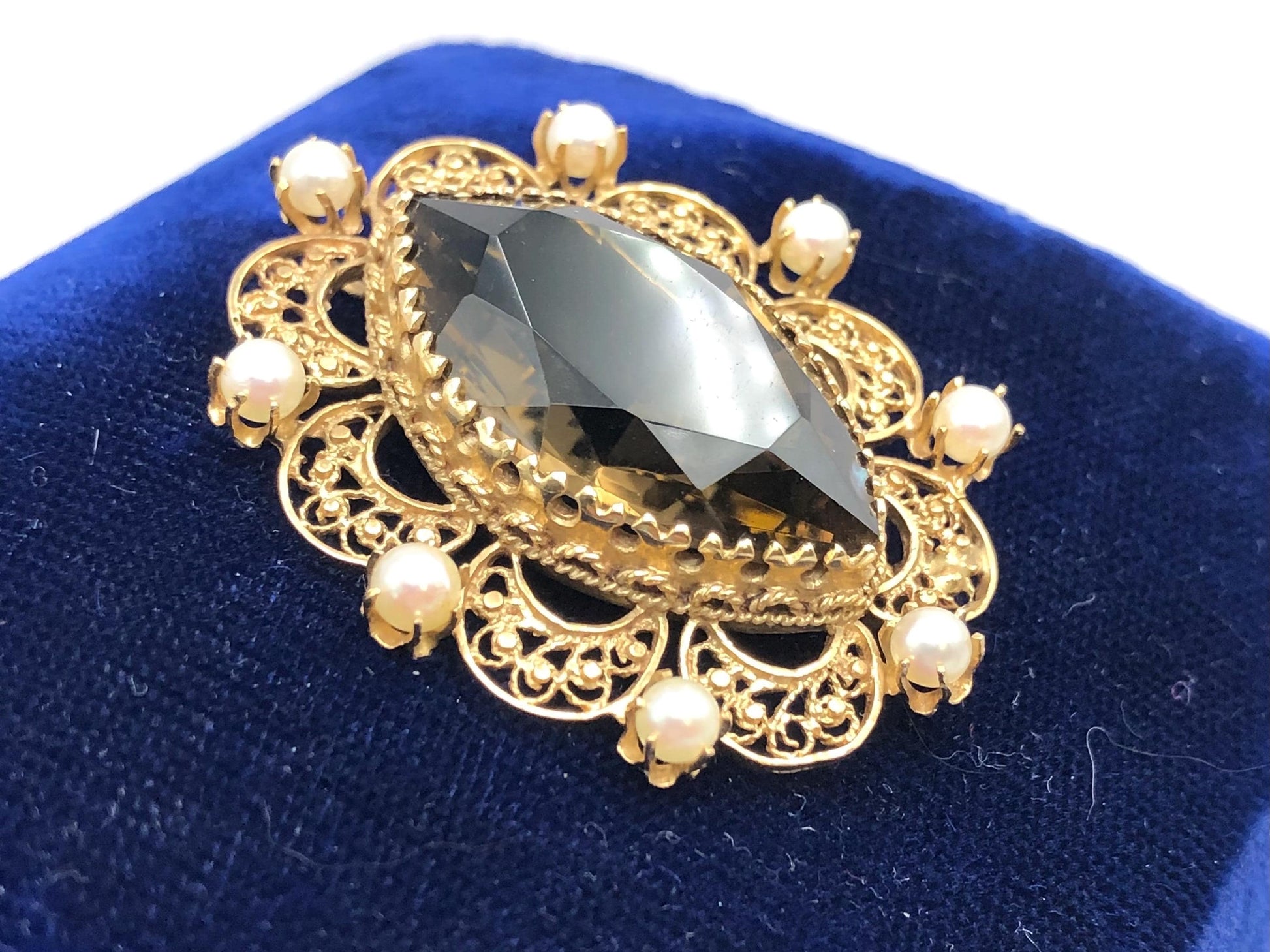 Vintage 14k Gold Smoky Quartz Pearl Pendant Pin: Marquise November Birthstone