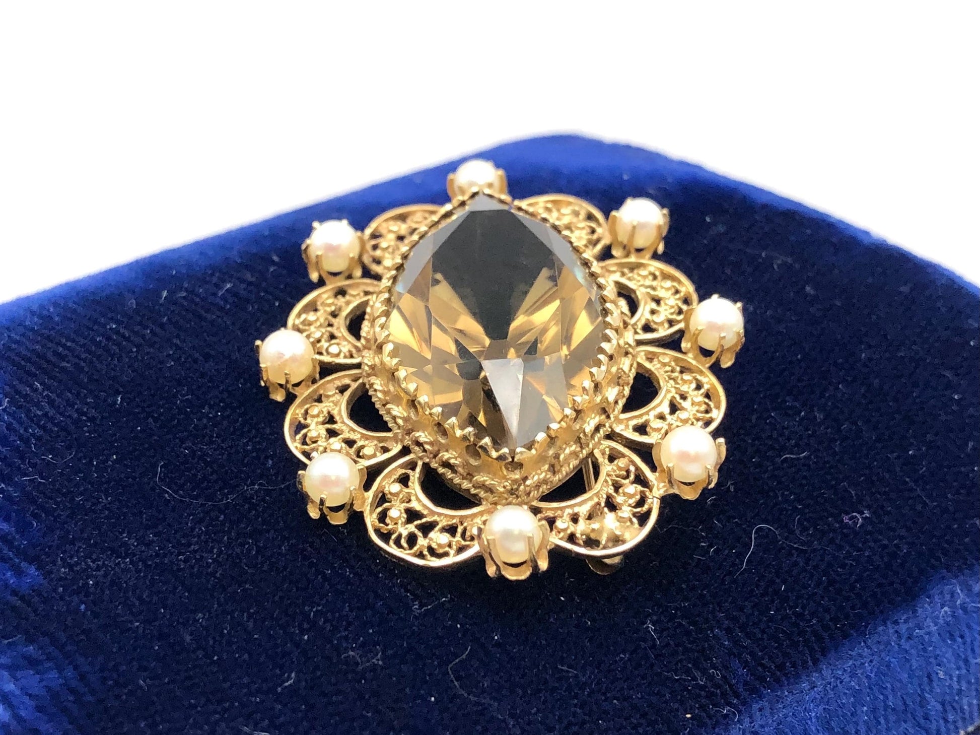 Vintage 14k Gold Smoky Quartz Pearl Pendant Pin: Marquise November Birthstone