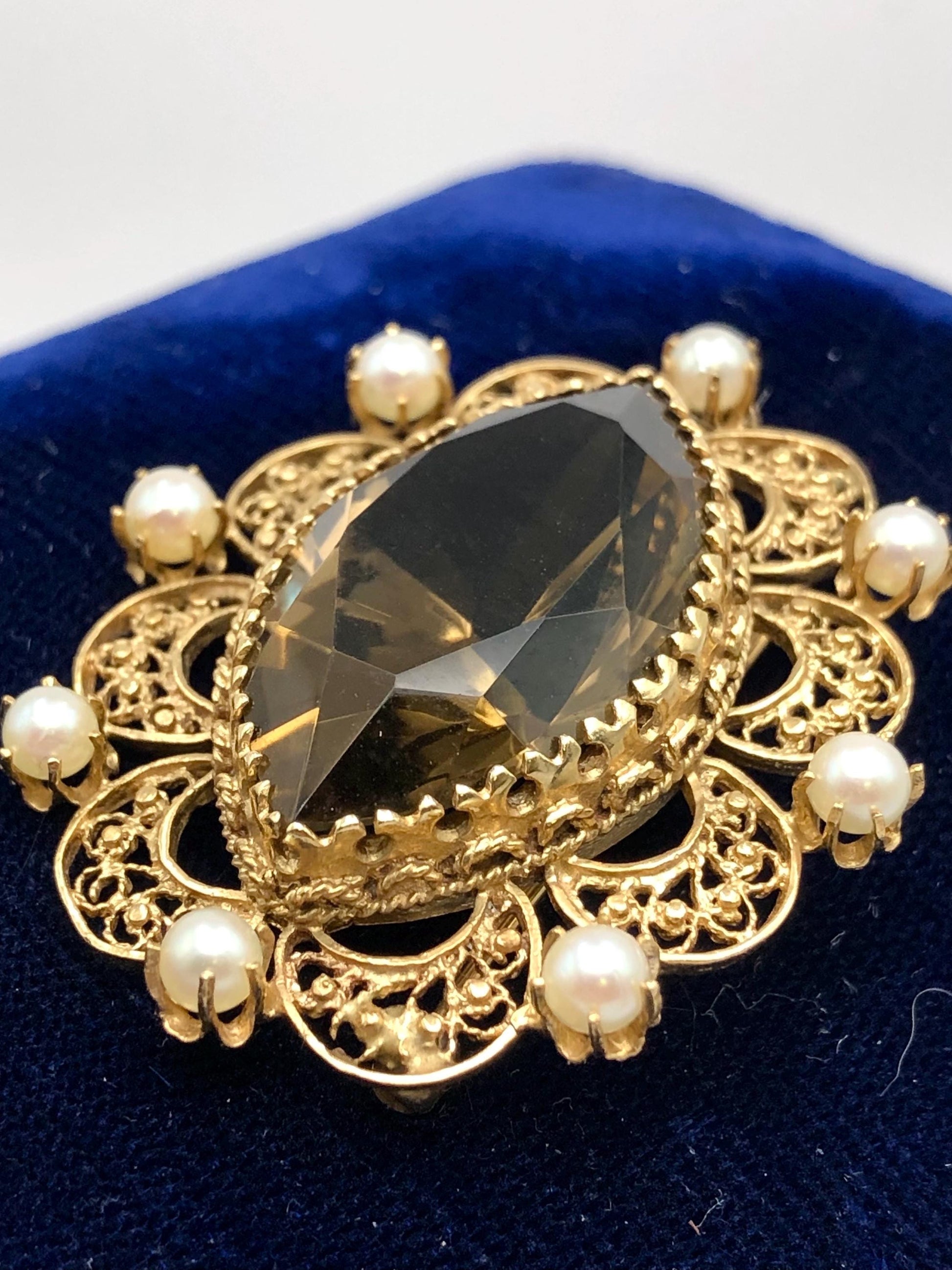 Vintage 14k Gold Smoky Quartz Pearl Pendant Pin: Marquise November Birthstone
