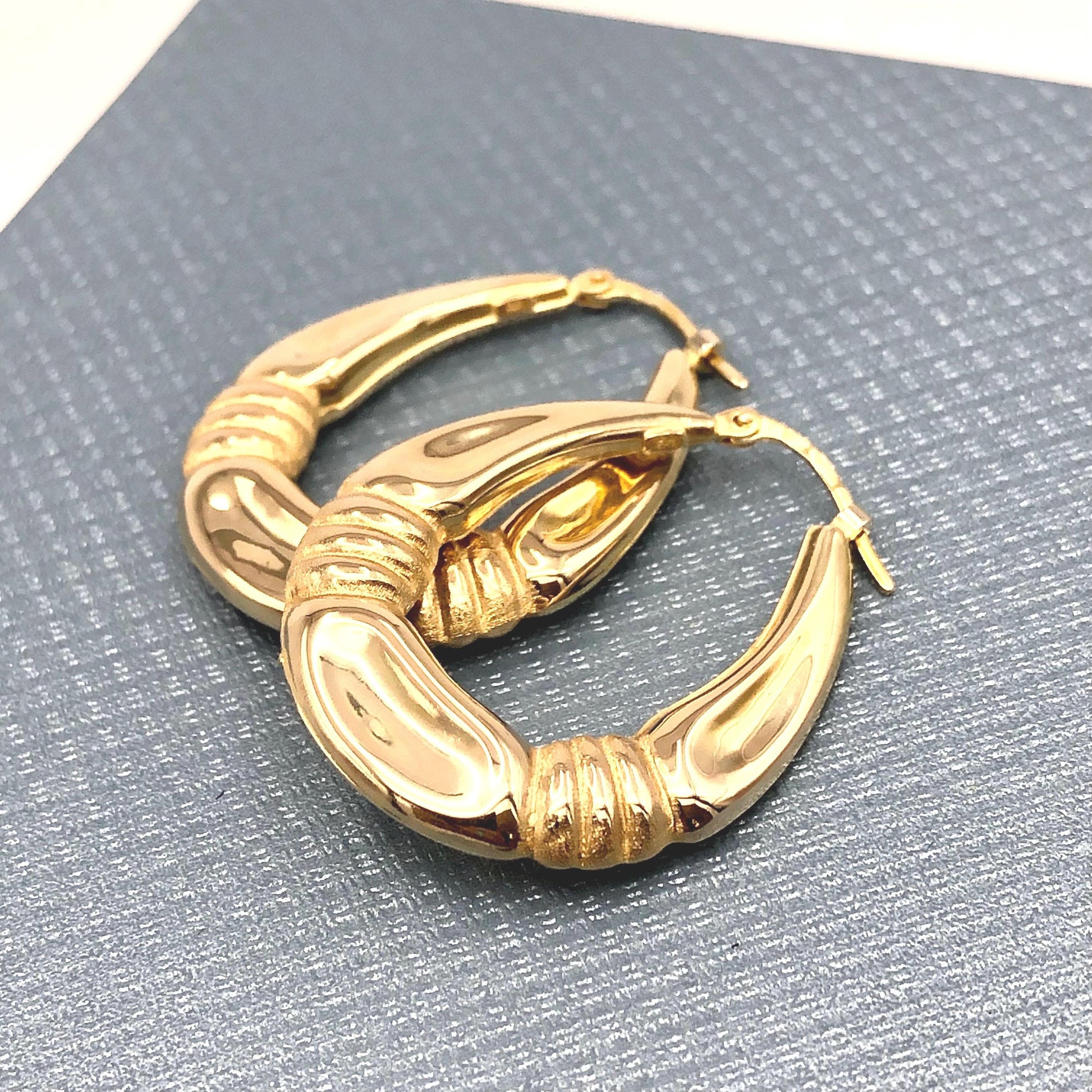 Yellow Gold Oval Hoop Earrings with Fancy Design - 14k Vintage Fine Jewelry