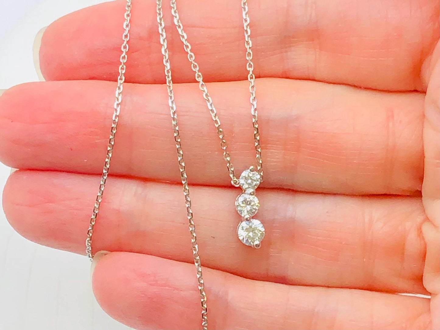 Vintage 14k White Gold Three Natural Diamonds Pendant Necklace, Approx. 1/2 Carat Journey Necklace, 16"