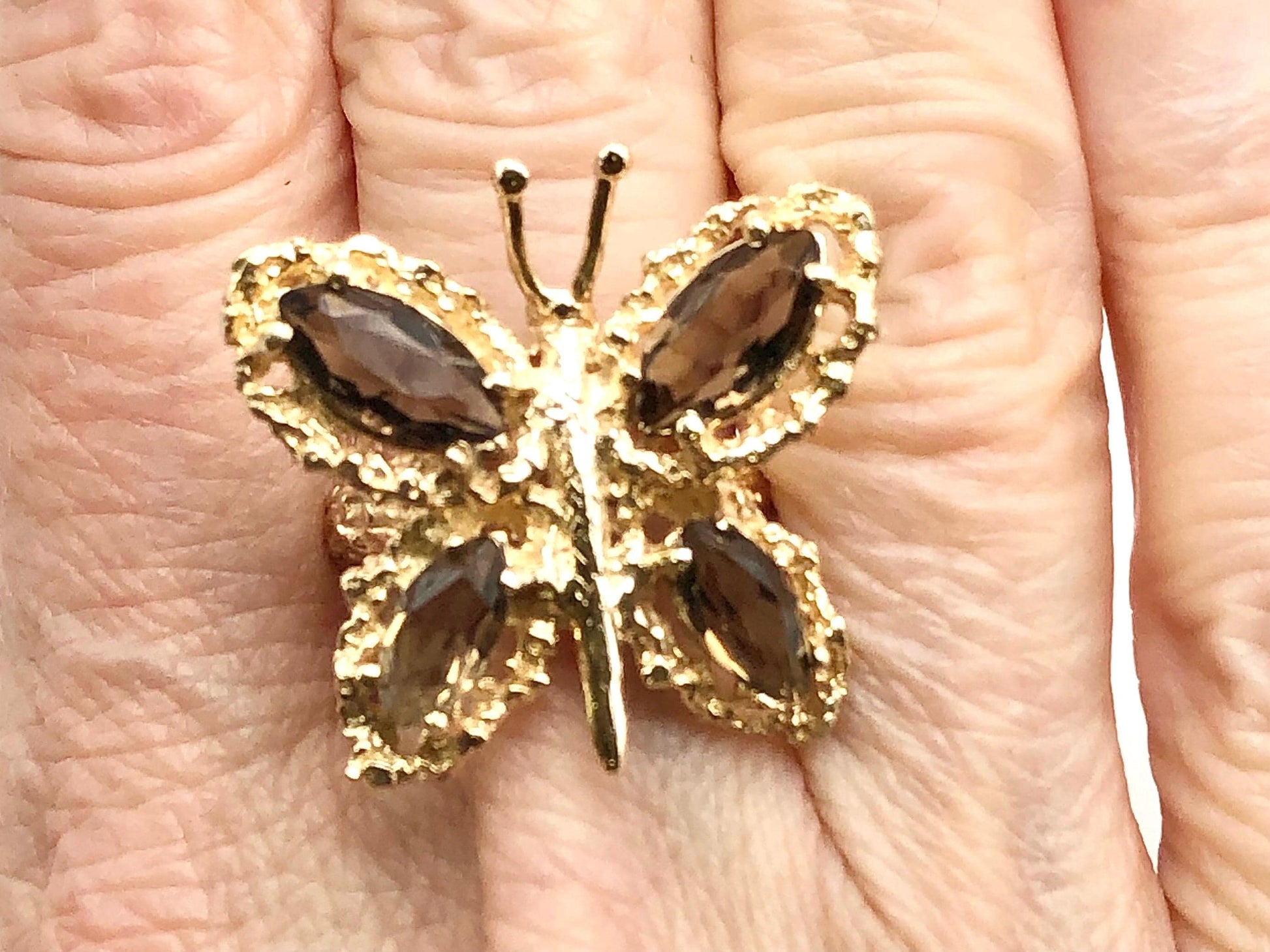 Vintage Large 14k Yellow Gold Smoky Quartz Butterfly Ring, Size 6.75