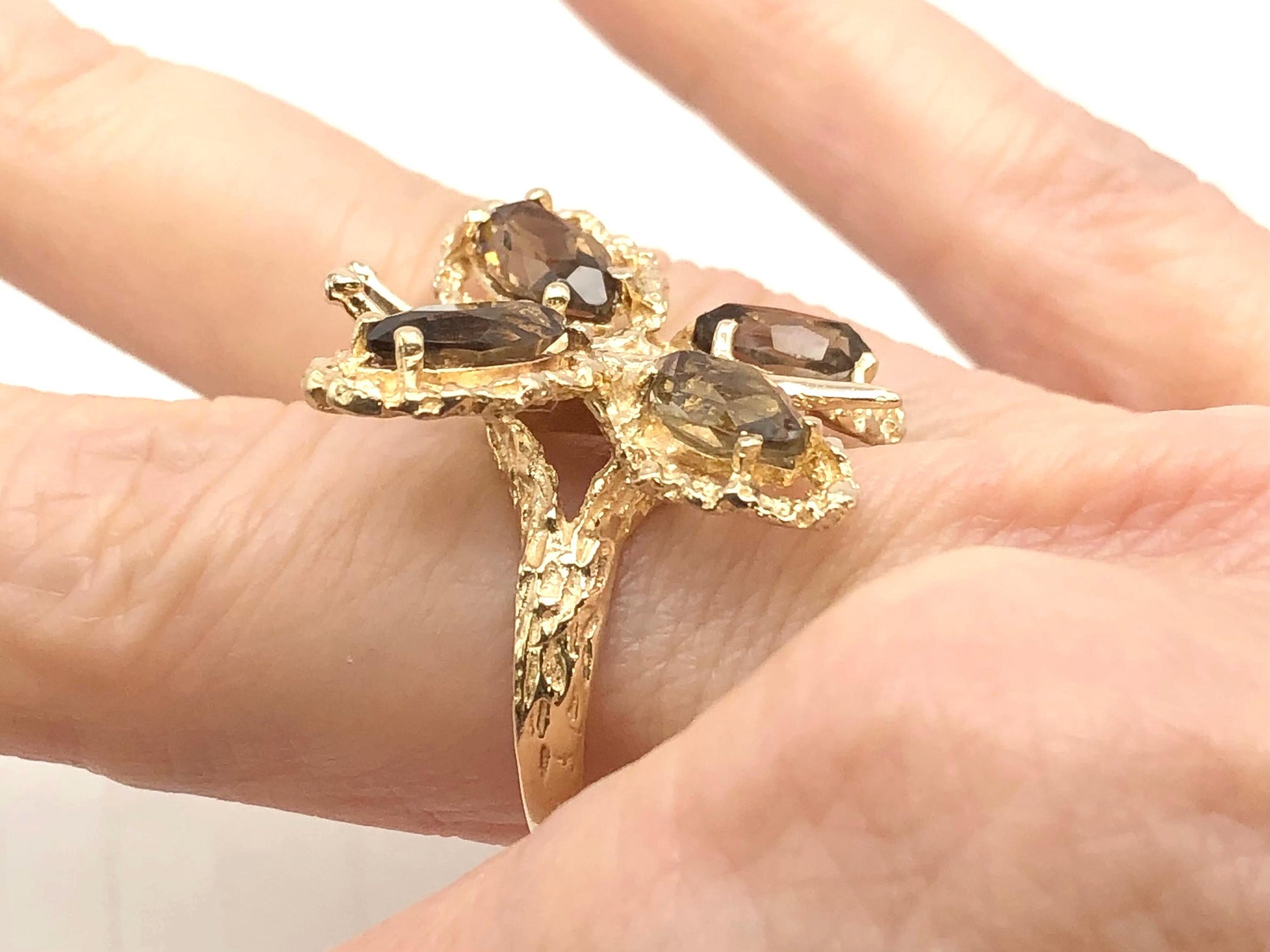 Vintage Large 14k Yellow Gold Smoky Quartz Butterfly Ring, Size 6.75