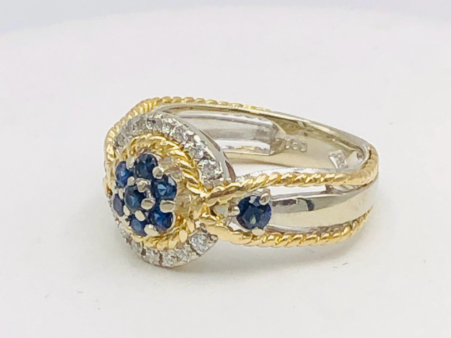 Vintage 18k Two-Tone Gold Sapphire Diamond Ring: September Birthstone, Size 7