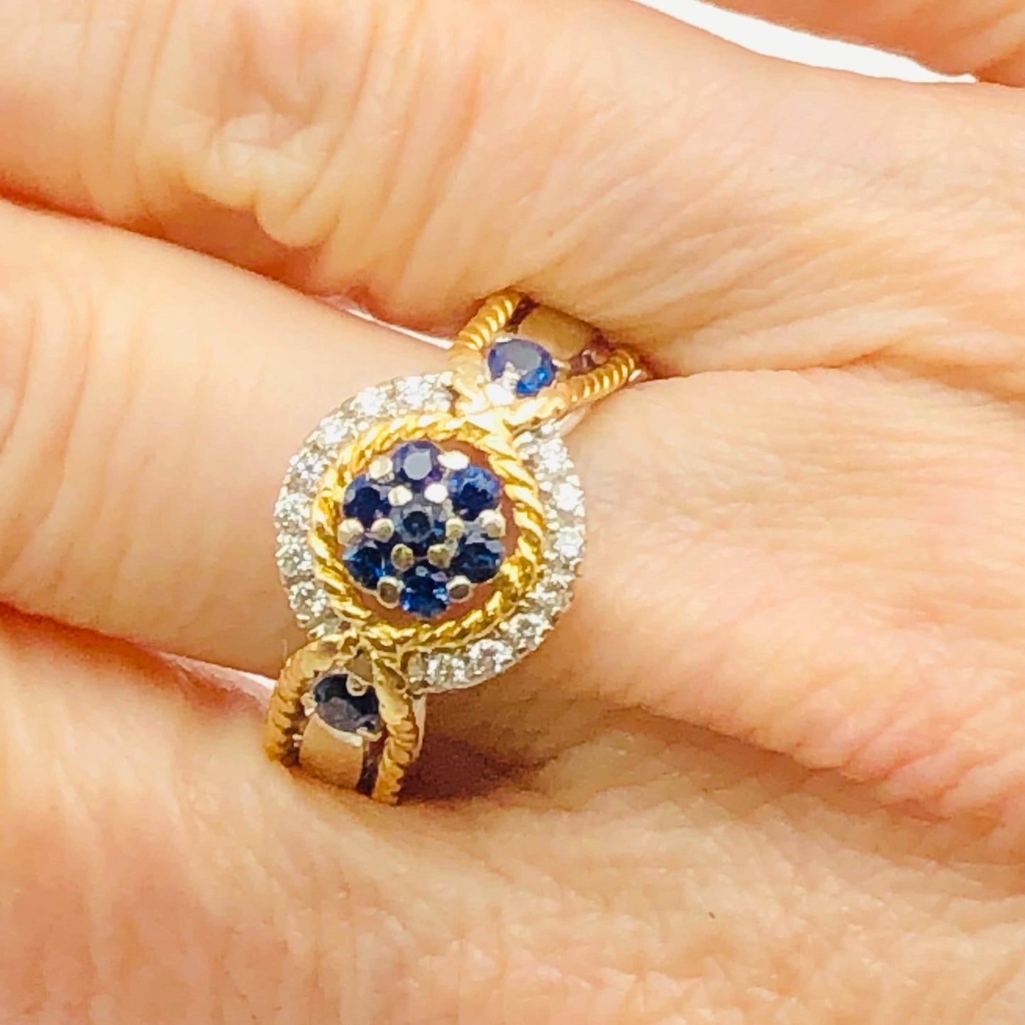 Vintage 18k Two-Tone Gold Sapphire Diamond Ring: September Birthstone, Size 7