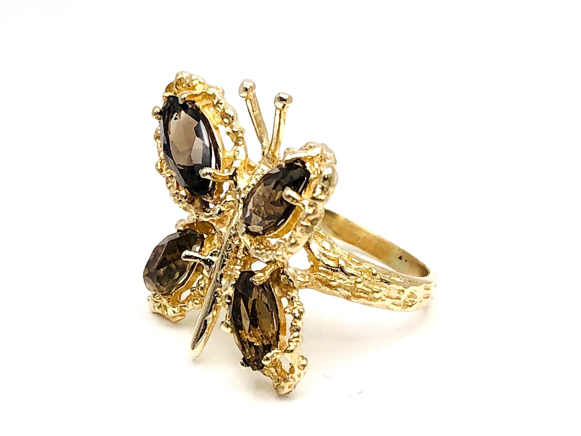 Vintage Large 14k Yellow Gold Smoky Quartz Butterfly Ring, Size 6.75