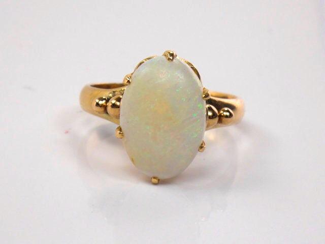 Vintage 14k Yellow Gold Natural Opal Ring, Oval October Birthstone Ring, Size 5.25