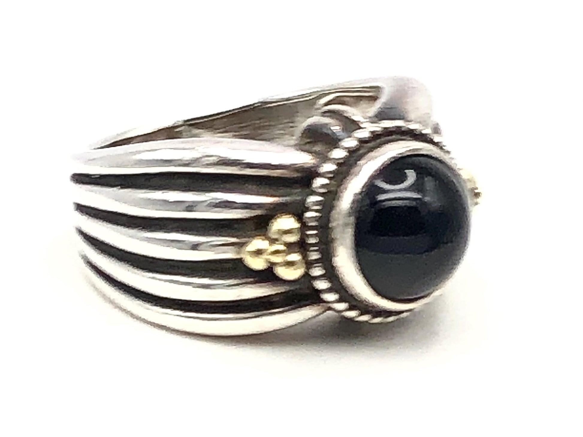 Vintage Boho Sterling Silver and Gold Black Onyx Ring - SDG Ring - Size 8