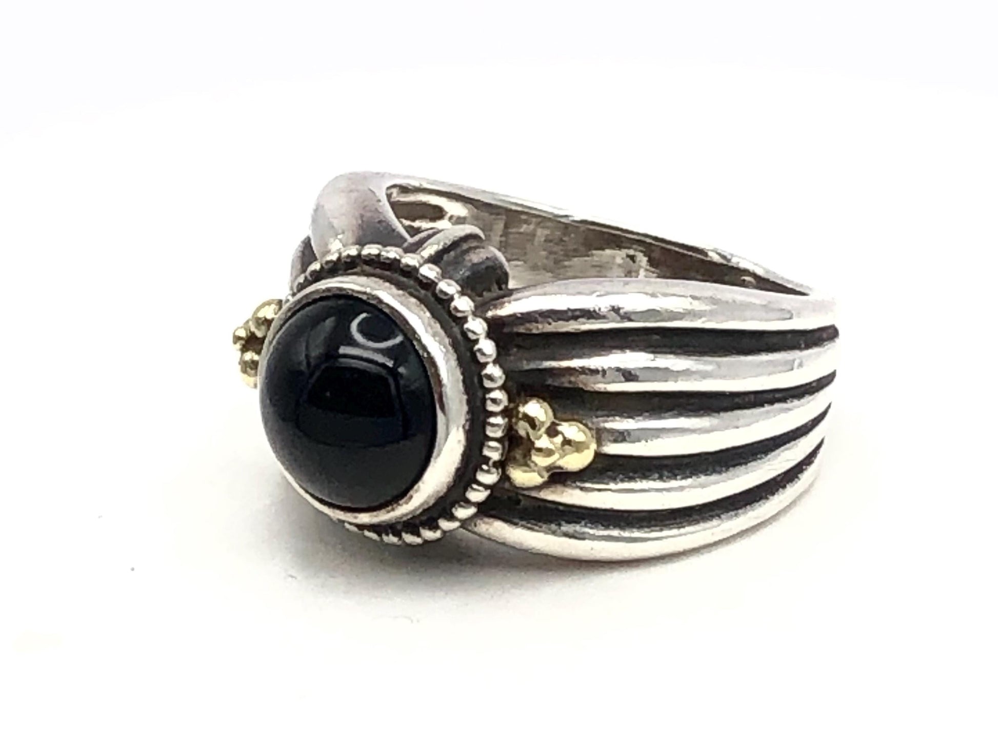 Vintage Boho Sterling Silver and Gold Black Onyx Ring - SDG Ring - Size 8