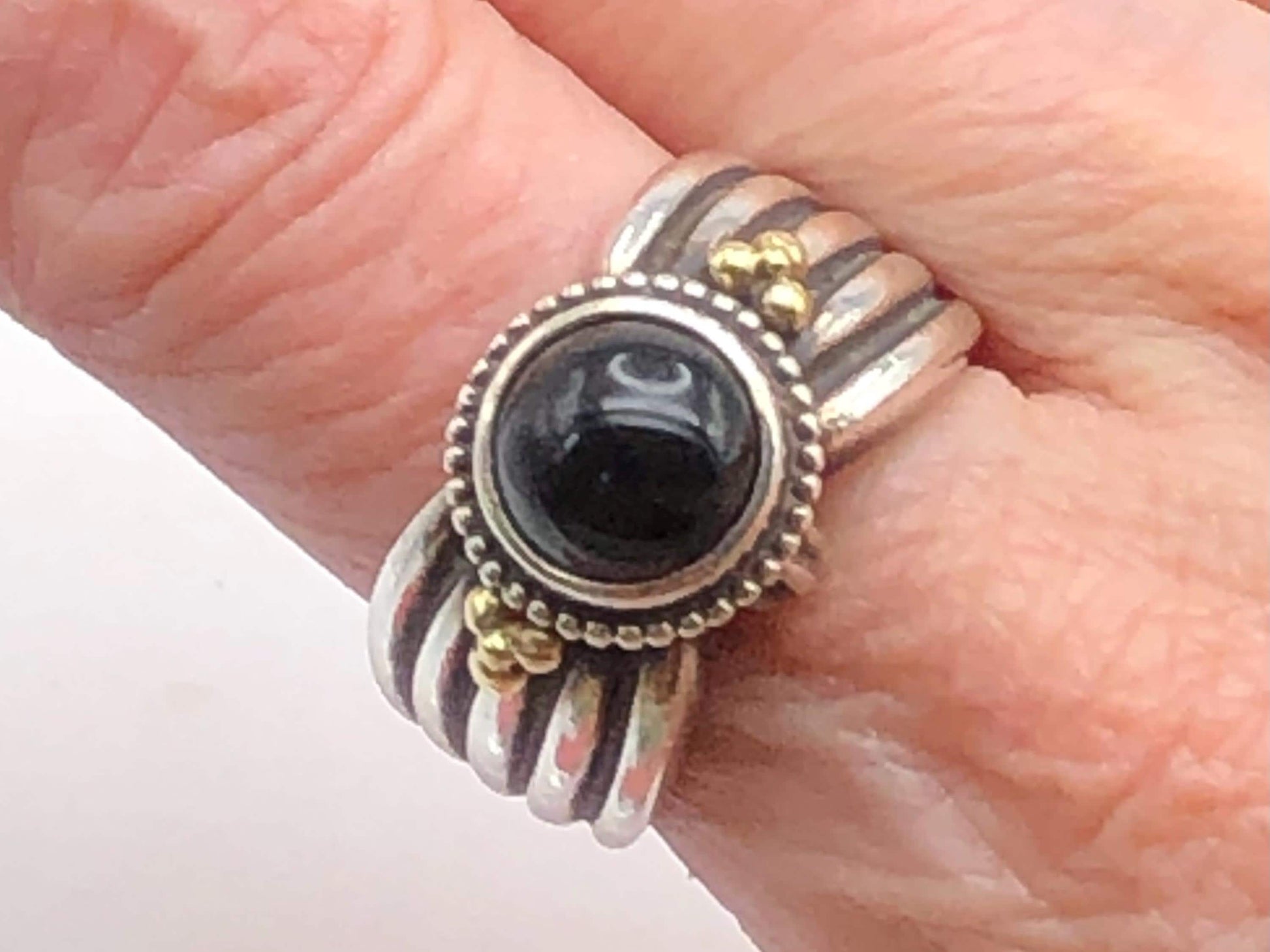 Vintage Boho Sterling Silver and Gold Black Onyx Ring - SDG Ring - Size 8